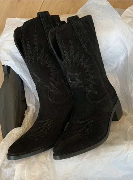 KissICON Women Western Boots Autumn Winter Embroidery Flower Women