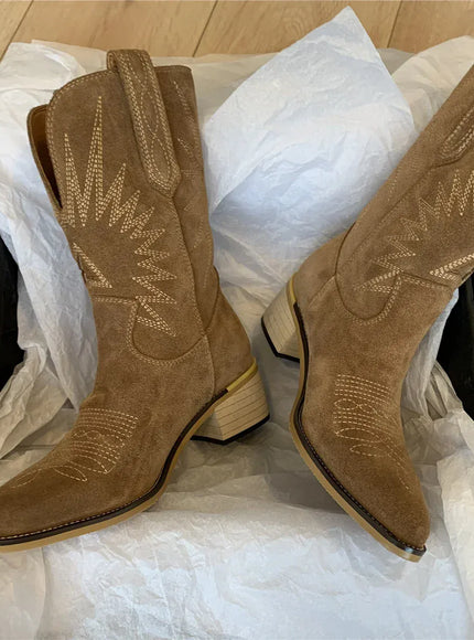 KissICON Women Western Boots Autumn Winter Embroidery Flower Women