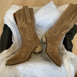 KissICON Women Western Boots Autumn Winter Embroidery Flower Women