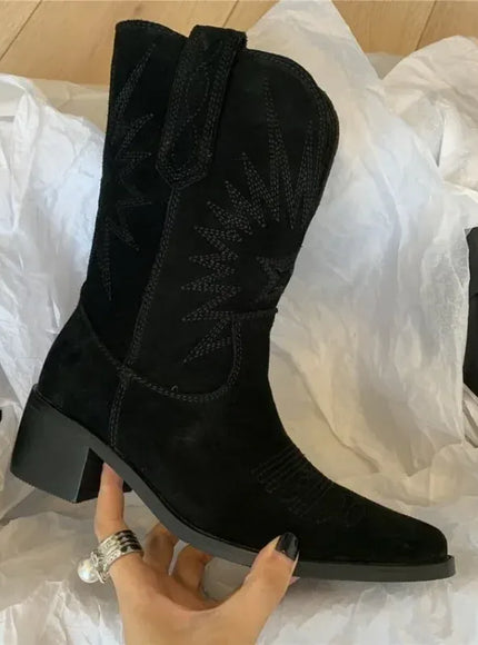 KissICON Women Western Boots Autumn Winter Embroidery Flower Women