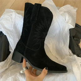 KissICON Women Western Boots Autumn Winter Embroidery Flower Women