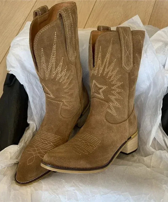 KissICON Women Western Boots Autumn Winter Embroidery Flower Women