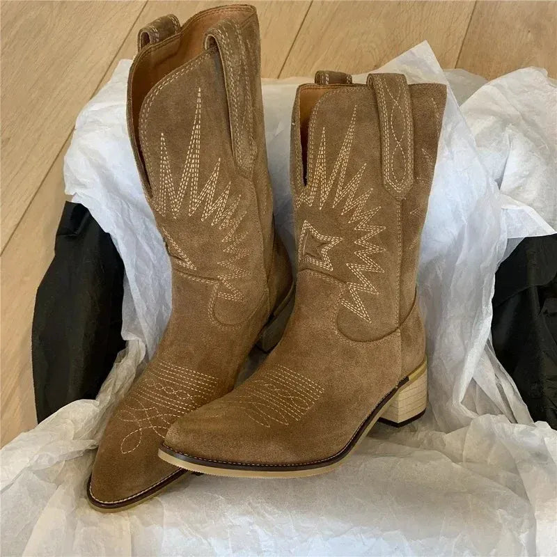 KissICON Women Western Boots Autumn Winter Embroidery Flower Women