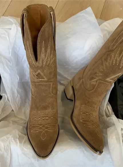 KissICON Women Western Boots Autumn Winter Embroidery Flower Women