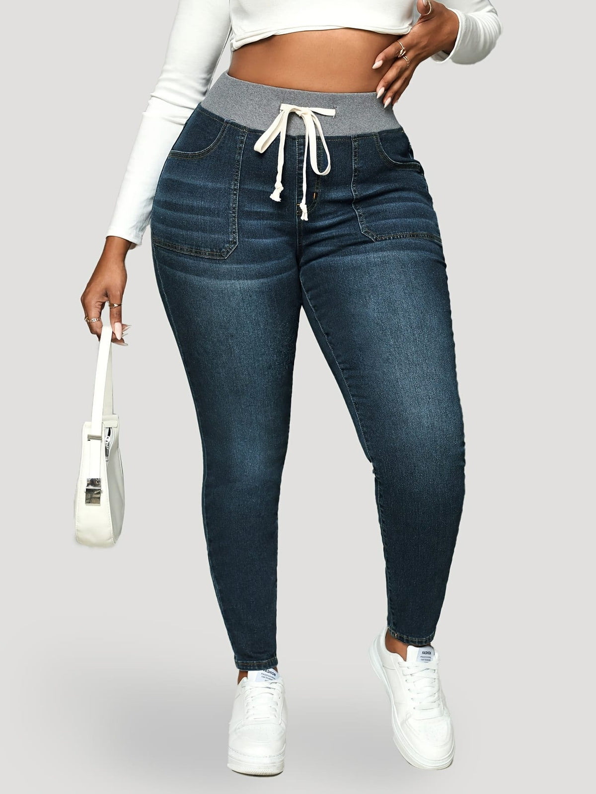 jkthpu-45 Womens Stretch Denim Slim Fit Drawstring Jeans