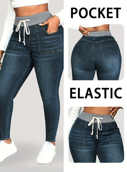 jkthpu-45 Womens Stretch Denim Slim Fit Drawstring Jeans