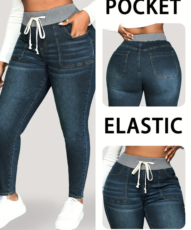 jkthpu-45 Womens Stretch Denim Slim Fit Drawstring Jeans