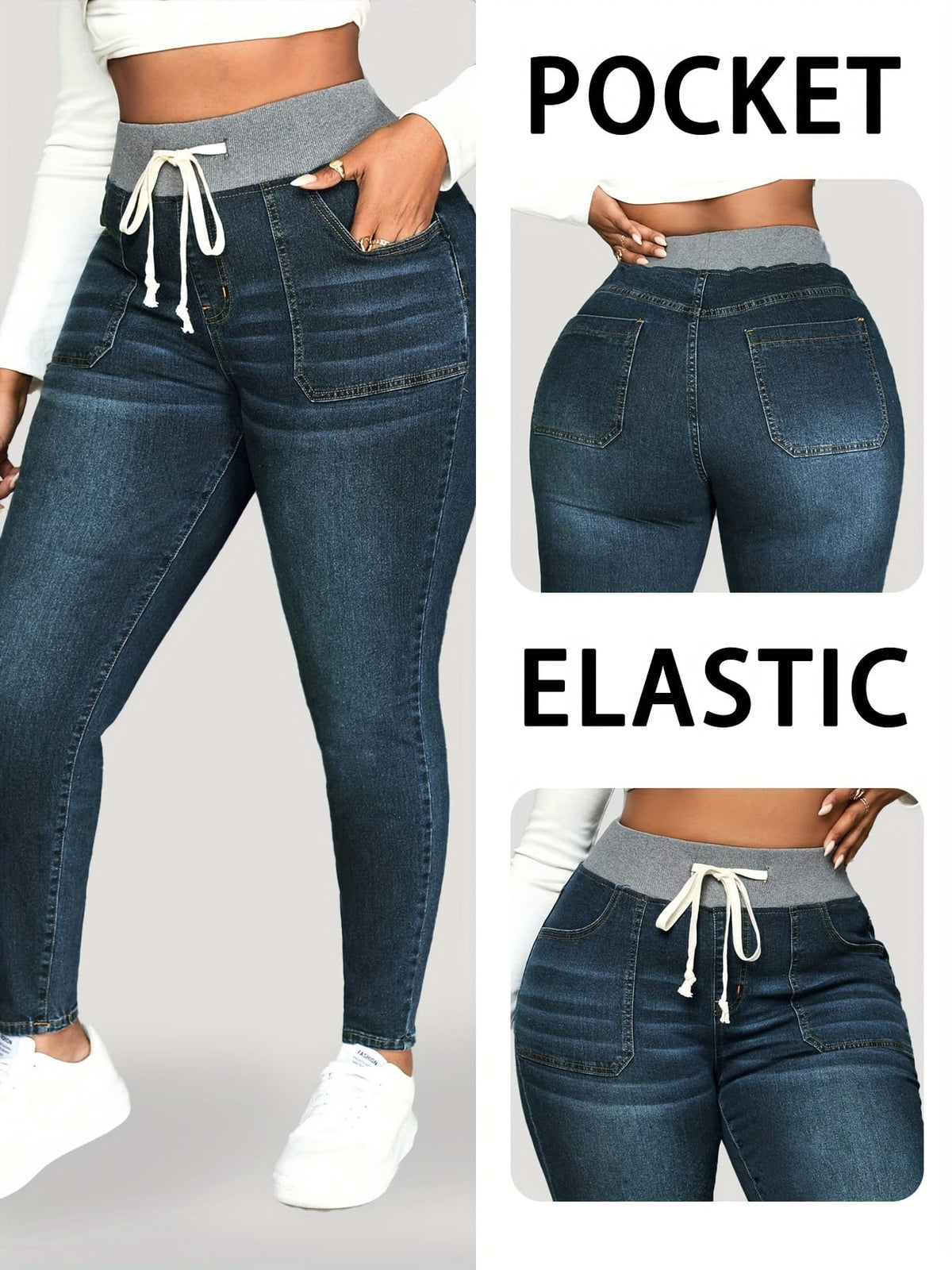 jkthpu-45 Womens Stretch Denim Slim Fit Drawstring Jeans