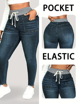 jkthpu-45 Womens Stretch Denim Slim Fit Drawstring Jeans