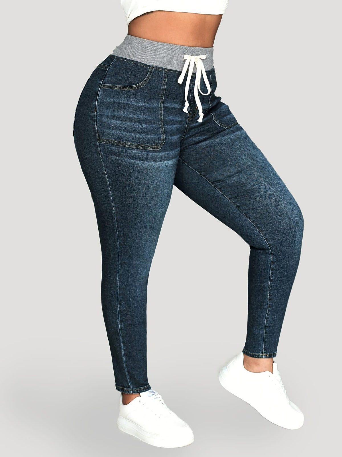 jkthpu-45 Womens Stretch Denim Slim Fit Drawstring Jeans