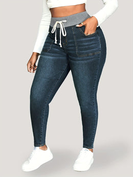 jkthpu-45 Womens Stretch Denim Slim Fit Drawstring Jeans