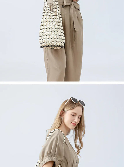 KissICON Woven Hand Hollow-out Wooden Bead Tote –