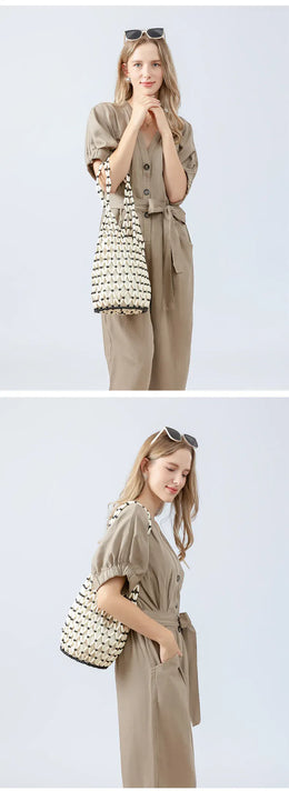 KissICON Woven Hand Hollow-out Wooden Bead Tote –