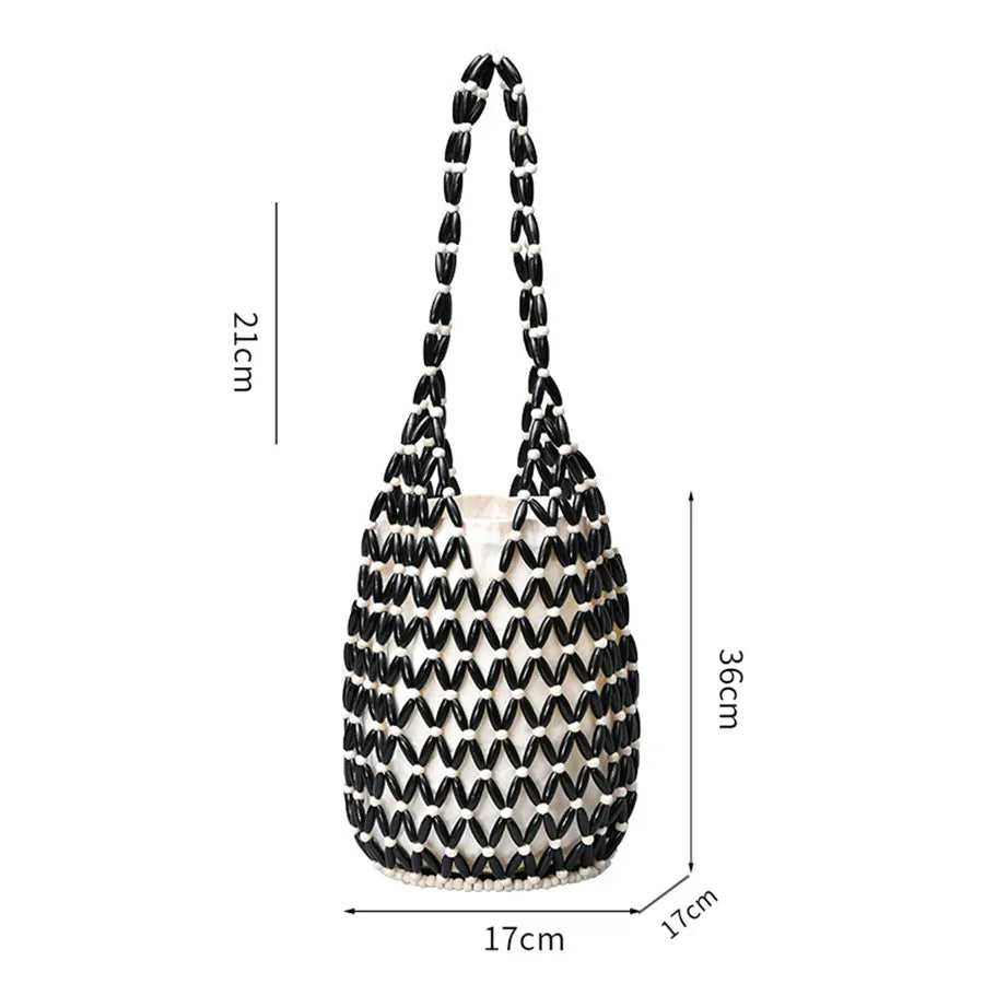 KissICON Woven Hand Hollow-out Wooden Bead Tote –