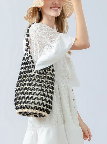 KissICON Woven Hand Hollow-out Wooden Bead Tote –