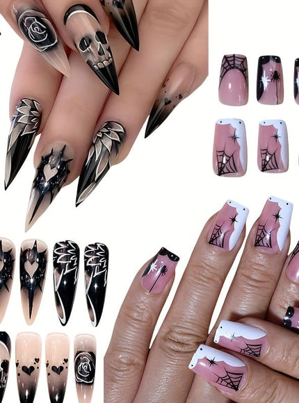 KissICON WS-A01 Halloween 48Pcs Press Nails Almond Pointed Spider Design