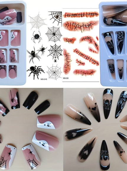 KissICON WSJ-B01 Halloween 48Pcs Press Nails Almond Pointed Spider Design