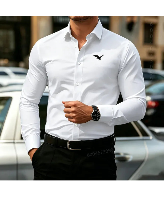 KissICON WYZ-C-0438 / XS Mens White Bird Print Business Casual Long Sleeve Shirt