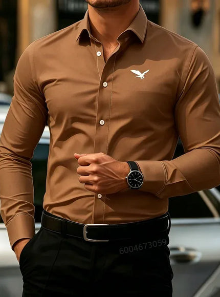 KissICON WYZ-C-0444 / XS Mens White Bird Print Business Casual Long Sleeve Shirt