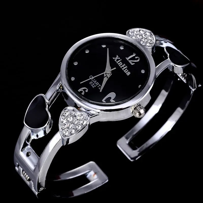 KissICON Xinhua Fashion Women Stainless Steel Bracelet Watch Bangle Lover Heart Shape Wristwatches Female Best Gift Clock Relogios