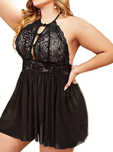 KissICON XL 5XL Curve Halter Lace Lingerie – Cutout Front Sheer