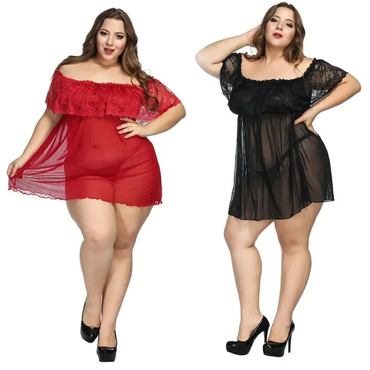 XL 5XL Curve Lace Chiffon Robe – Sheer Loungewear Red