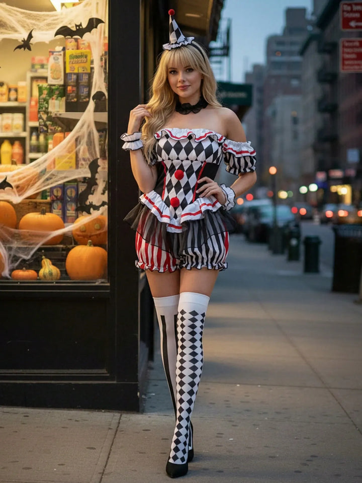 Sexy OffShoulder Clown Costume Jumpsuit and Accessories Set