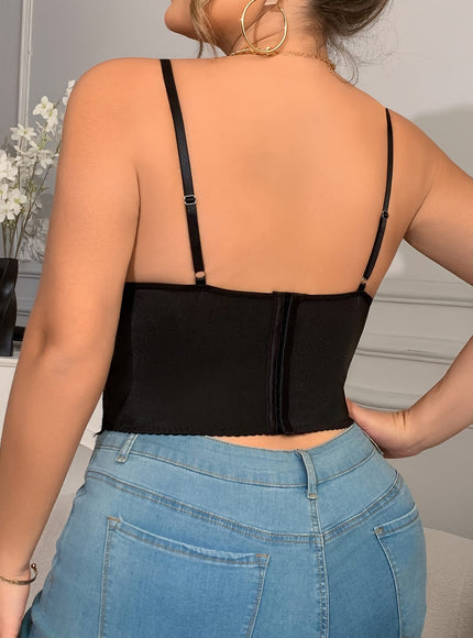 jkthpu-45 Y2K Black Lace Trim Tank Top Corset – V-Neck Bralette with Ribbon Bow