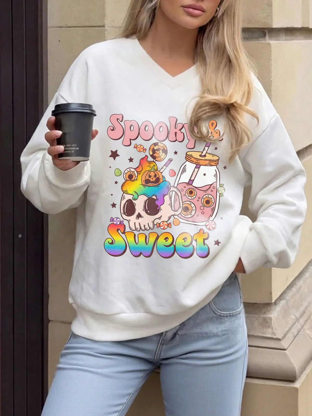 KissICON Y2K Rainbow Skeleton Halloween VNeck Pullover Sweatshirt