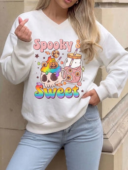 KissICON Y2K Rainbow Skeleton Halloween VNeck Pullover Sweatshirt