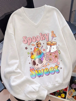 KissICON Y2K Rainbow Skeleton Halloween VNeck Pullover Sweatshirt