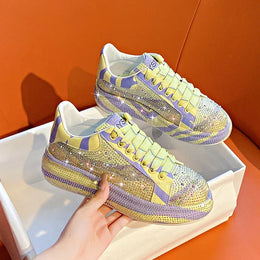 Dropshipman Yellow / 39 Luxury Leather Shoes Fashion Platform Shoes Platforms Designer Sneakers Tide Shine Bling Rhinestone Shoes  Zapatos De Mujer