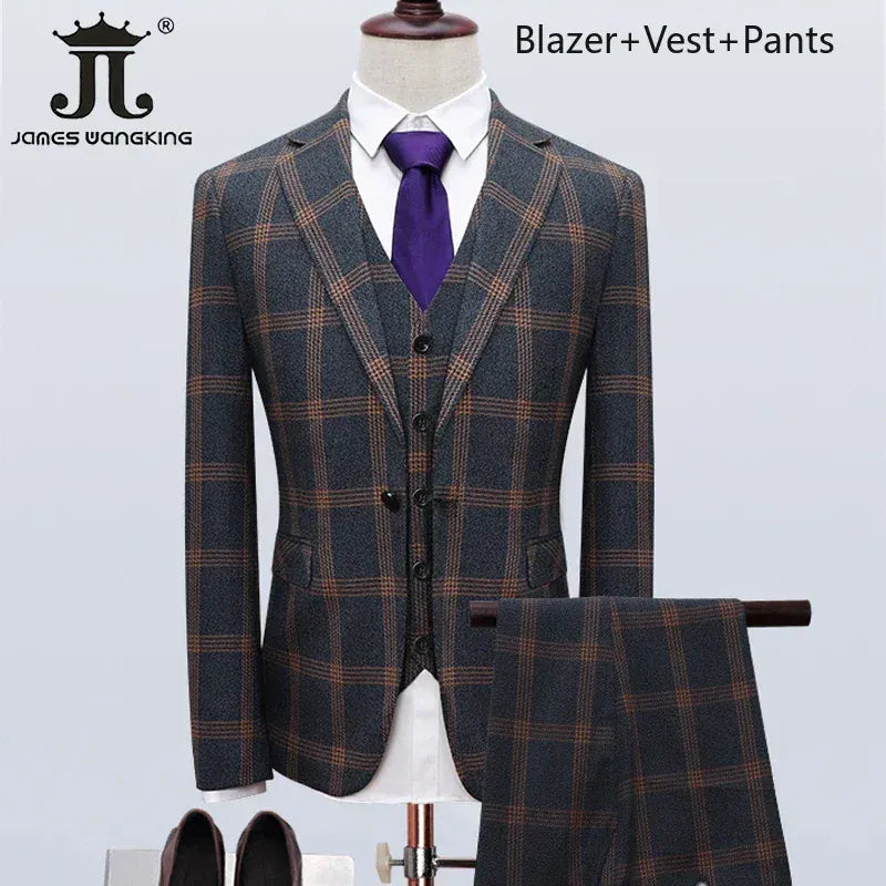 KissICON Yellow 3Piece / 5XL (EUR XXL) British Plaid 3Pc Mens Suit Blazer Vest Pants S5XL