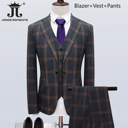 KissICON Yellow 3Piece / M (EUR XXS) British Plaid 3Pc Mens Suit Blazer Vest Pants S5XL