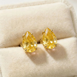KissICON Yellow 925 Silver Teardrop Pear Cut Cubic Zirconia Stud Earrings, Gold Plated Pink Yellow CZ Earrings for Women, Elegant Party Jewelry