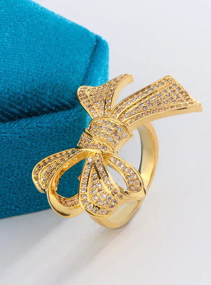 KissICON Yellow Gold Diamond Bow Ring 925 Silver Delicate Luxury Gift