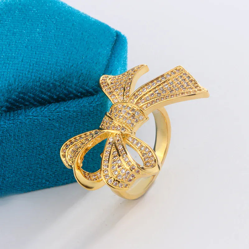 KissICON Yellow Gold Diamond Bow Ring 925 Silver Delicate Luxury Gift