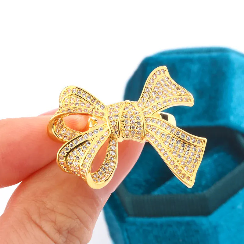KissICON Yellow Gold Diamond Bow Ring 925 Silver Delicate Luxury Gift