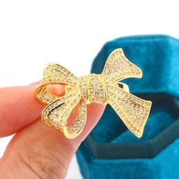 KissICON Yellow Gold Diamond Bow Ring 925 Silver Delicate Luxury Gift