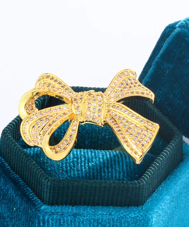 KissICON Yellow Gold Diamond Bow Ring 925 Silver Delicate Luxury Gift