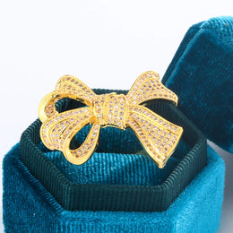 KissICON Yellow Gold Diamond Bow Ring 925 Silver Delicate Luxury Gift