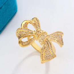 KissICON Yellow Gold Diamond Bow Ring 925 Silver Delicate Luxury Gift