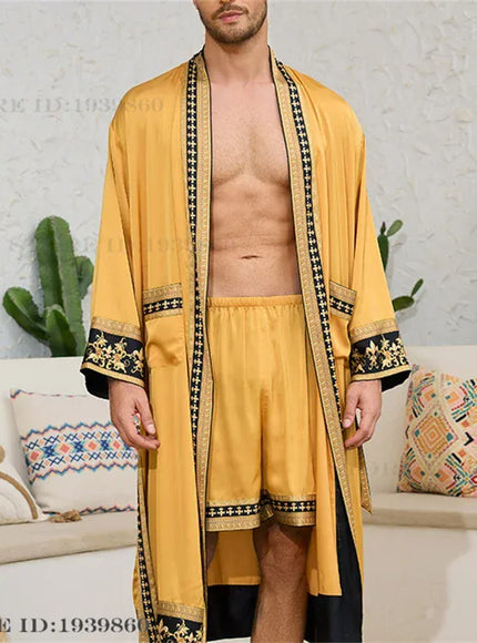 KissICON Yellow Golden Set / XXL Mens 2PC Silk Satin Pajama Robe Set