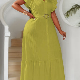 jkthpu-45 Yellow-green / UK 16 Plus Size - Plus Size, Women'S Plus Size Elegant V-Neck Maxi Dress - Flattering A-Line Formal & Casual Outfit, Non-Stretchy Fabric, Belted Waist for Curvy Women - Office, Party, Everyday Summer Dresses, Party Attire, Flowy Fabric Gown, Office Attire, Brea