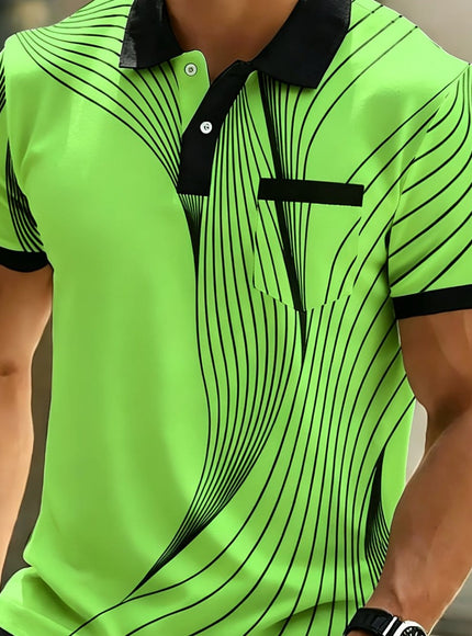 KissICON Yellow-green / UK 38 Dynamic Line Print Mens Modern ShortSleeve Polo