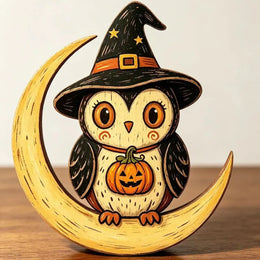 KissICON YELLOW Halloween Wooden Tabletop Decor, Hand-Painted Owl Ghost Pumpkin & Vampire Cat Figurines for Shelf Mantel Party Decoration