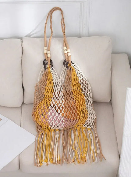 KissICON Yellow Hand-woven Cotton Thread Ethnic Hollow Shoulder Tote