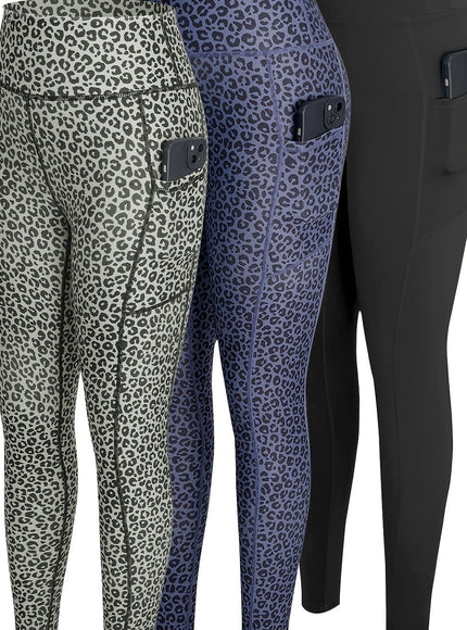 jkthpu-45 Yellow leopard print + blue leopard print + black / UK 16 3-Pack Women'S High-Waisted Yoga Pants with Side Pockets