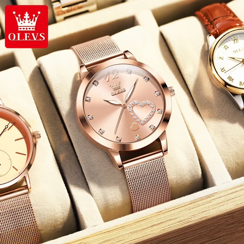 KissICON YELLOW OLEVS Japan Quartz Women Watch Stainless steel Bracelet "Love" Dial Fashion Elegant Waterproof Luminous Quartz Watch for Ladies