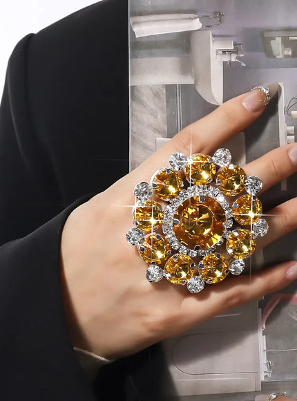 KissICON Yellow / Silver Plated Kissicon Exaggerated Rhinestone Flower Ring – Big Crystal